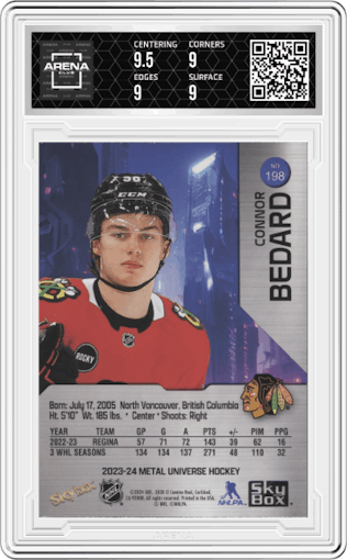 Connor Bedard from the 2023-24 SkyBox Metal Universe set graded by Arena Club and given an overall grade of 9.