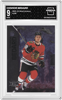 Connor Bedard from the 2023-24 SkyBox Metal Universe set graded by Arena Club and given an overall grade of 9.