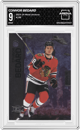 Connor Bedard from the 2023-24 SkyBox Metal Universe set graded by Arena Club and given an overall grade of 9.