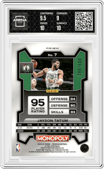 Jayson Tatum from the 2023-24 Panini Prizm Monopoly set featuring a Gold Millionaire Shimmer  parallel graded by Arena Club and given an overall grade of 9.5.