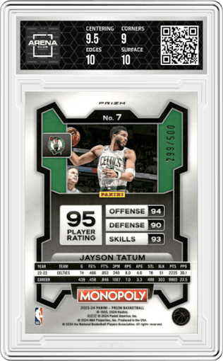 Jayson Tatum from the 2023-24 Panini Prizm Monopoly set featuring a Gold Millionaire Shimmer  parallel graded by Arena Club and given an overall grade of 9.5.