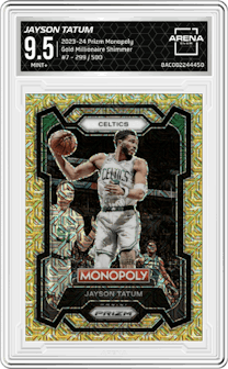 Jayson Tatum from the 2023-24 Panini Prizm Monopoly set featuring a Gold Millionaire Shimmer  parallel graded by Arena Club and given an overall grade of 9.5.