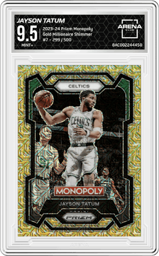 Jayson Tatum from the 2023-24 Panini Prizm Monopoly set featuring a Gold Millionaire Shimmer  parallel graded by Arena Club and given an overall grade of 9.5.