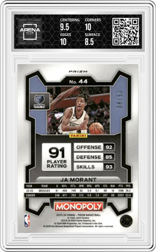 Ja Morant from the 2023-24 Panini Prizm Monopoly set featuring a Purple Millionaire Shimmer parallel graded by Arena Club and given an overall grade of 9.