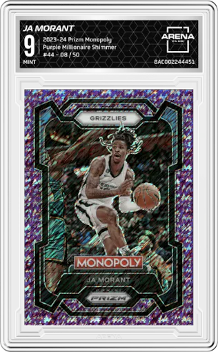 Ja Morant from the 2023-24 Panini Prizm Monopoly set featuring a Purple Millionaire Shimmer parallel graded by Arena Club and given an overall grade of 9.