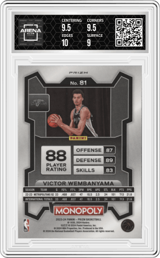 Victor Wembanyama from the 2023-24 Panini Prizm Monopoly set featuring a Silver Prizm parallel graded by Arena Club and given an overall grade of 9.5.