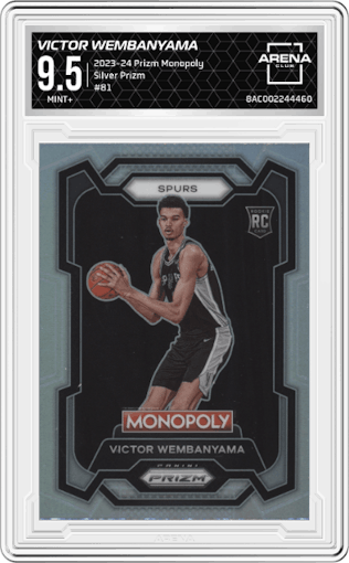 Victor Wembanyama from the 2023-24 Panini Prizm Monopoly set featuring a Silver Prizm parallel graded by Arena Club and given an overall grade of 9.5.