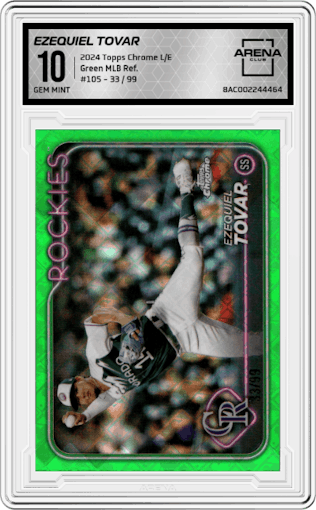 Ezequiel Tovar from the 2024 Topps Chrome Logofractor set featuring a Green MLB Refractor parallel graded by Arena Club and given an overall grade of 10.