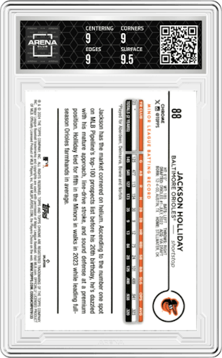 Jackson Holliday from the 2024 Topps Chrome Logofractor set graded by Arena Club and given an overall grade of 9.