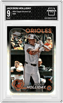 Jackson Holliday from the 2024 Topps Chrome Logofractor set graded by Arena Club and given an overall grade of 9.