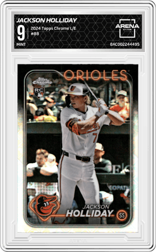 Jackson Holliday from the 2024 Topps Chrome Logofractor set graded by Arena Club and given an overall grade of 9.