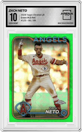 Zach Neto from the 2024 Topps Chrome Logofractor set featuring a Green MLB Refractor parallel graded by Arena Club and given an overall grade of 10.