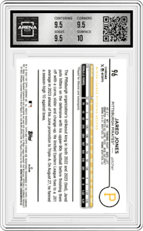 Jared Jones from the 2024 Topps Chrome Logofractor set featuring a Blue MLB Refractor parallel graded by Arena Club and given an overall grade of 10.