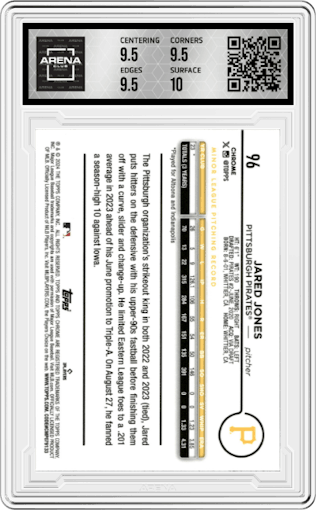 Jared Jones from the 2024 Topps Chrome Logofractor set featuring a Blue MLB Refractor parallel graded by Arena Club and given an overall grade of 10.