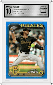 Jared Jones from the 2024 Topps Chrome Logofractor set featuring a Blue MLB Refractor parallel graded by Arena Club and given an overall grade of 10.