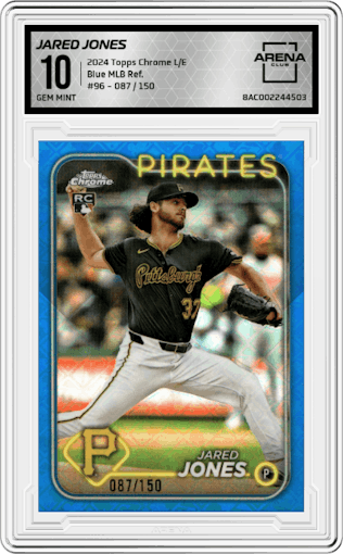 Jared Jones from the 2024 Topps Chrome Logofractor set featuring a Blue MLB Refractor parallel graded by Arena Club and given an overall grade of 10.