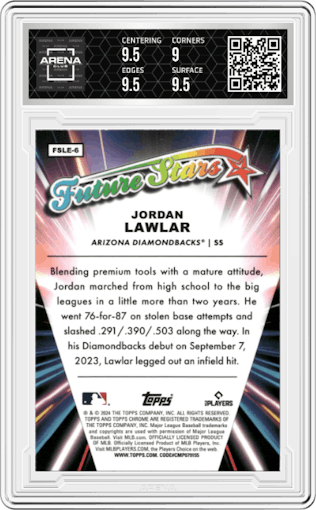 Jordan Lawlar from the 2024 Topps Chrome Logofractor set graded by Arena Club and given an overall grade of 9.5.