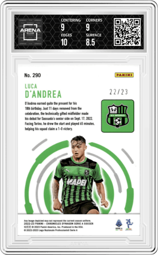 Luca D'Andrea from the 2022-23 Panini Chronicles set featuring a Orange Ice parallel graded by Arena Club and given an overall grade of 9.