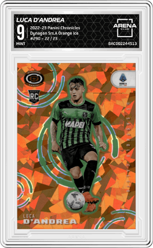 Luca D'Andrea from the 2022-23 Panini Chronicles set featuring a Orange Ice parallel graded by Arena Club and given an overall grade of 9.