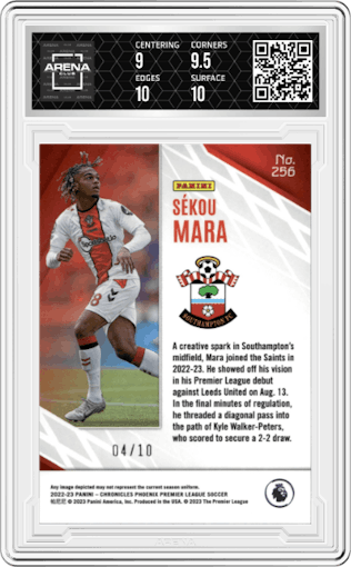 Sekou Mara from the 2022-23 Panini Chronicles set featuring a Gold Mojo parallel graded by Arena Club and given an overall grade of 9.5.