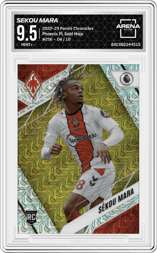 Sekou Mara from the 2022-23 Panini Chronicles set featuring a Gold Mojo parallel graded by Arena Club and given an overall grade of 9.5.