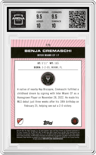Benja Cremaschi from the 2023 Topps Chrome MLS Major League Soccer set featuring a Aqua X-Fractor parallel graded by Arena Club and given an overall grade of 10.