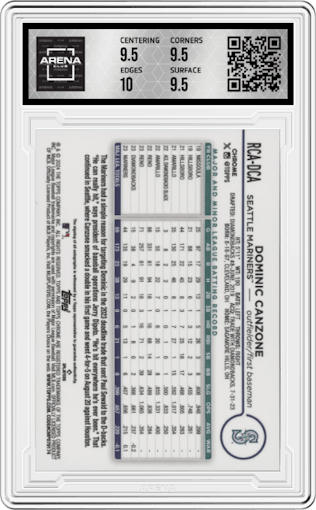 Dominic Canzone from the 2024 Topps Chrome Logofractor set graded by Arena Club and given an overall grade of 10.