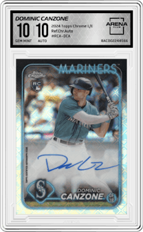 Dominic Canzone from the 2024 Topps Chrome Logofractor set graded by Arena Club and given an overall grade of 10.