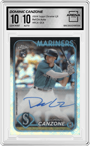 Dominic Canzone from the 2024 Topps Chrome Logofractor set graded by Arena Club and given an overall grade of 10.
