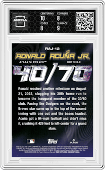 Ronald Acuna Jr. from the 2024 Topps  set featuring a Gold parallel graded by Arena Club and given an overall grade of 8.5.