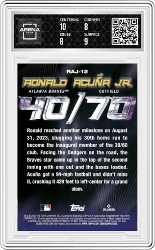 Ronald Acuna Jr. from the 2024 Topps  set featuring a Gold parallel graded by Arena Club and given an overall grade of 8.5.