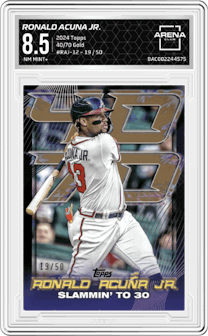 Ronald Acuna Jr. from the 2024 Topps  set featuring a Gold parallel graded by Arena Club and given an overall grade of 8.5.