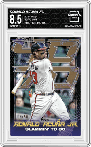 Ronald Acuna Jr. from the 2024 Topps  set featuring a Gold parallel graded by Arena Club and given an overall grade of 8.5.