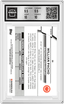 Willian Pacho from the 2023-24 Topps Chrome Bundesliga set featuring a Blue Refractor parallel graded by Arena Club and given an overall grade of 10.