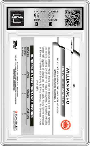 Willian Pacho from the 2023-24 Topps Chrome Bundesliga set featuring a Blue Refractor parallel graded by Arena Club and given an overall grade of 10.