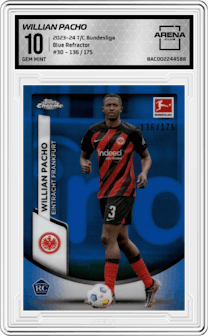 Willian Pacho from the 2023-24 Topps Chrome Bundesliga set featuring a Blue Refractor parallel graded by Arena Club and given an overall grade of 10.