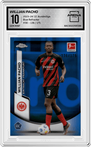 Willian Pacho from the 2023-24 Topps Chrome Bundesliga set featuring a Blue Refractor parallel graded by Arena Club and given an overall grade of 10.