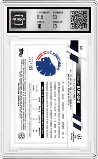 Roony Bardghji from the 2022-23 Topps UEFA Club Competitions set featuring a Neon Green Foil parallel graded by Arena Club and given an overall grade of 10.