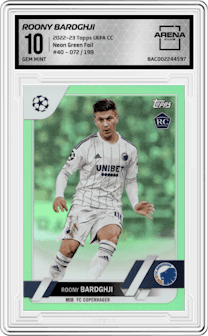 Roony Bardghji from the 2022-23 Topps UEFA Club Competitions set featuring a Neon Green Foil parallel graded by Arena Club and given an overall grade of 10.