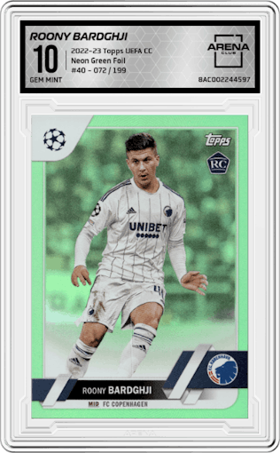 Roony Bardghji from the 2022-23 Topps UEFA Club Competitions set featuring a Neon Green Foil parallel graded by Arena Club and given an overall grade of 10.