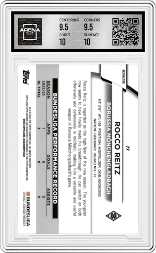 Rocco Reitz from the 2023-24 Topps Chrome Bundesliga set featuring a Gold Refractor parallel graded by Arena Club and given an overall grade of 10.
