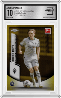 Rocco Reitz from the 2023-24 Topps Chrome Bundesliga set featuring a Gold Refractor parallel graded by Arena Club and given an overall grade of 10.