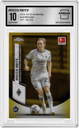 Rocco Reitz from the 2023-24 Topps Chrome Bundesliga set featuring a Gold Refractor parallel graded by Arena Club and given an overall grade of 10.