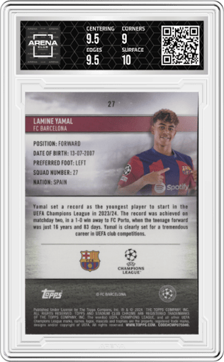 Lamine Yamal from the 2023-24 Stadium Club Chrome UEFA Champions League set graded by Arena Club and given an overall grade of 9.5.