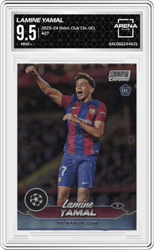 Lamine Yamal from the 2023-24 Stadium Club Chrome UEFA Champions League set graded by Arena Club and given an overall grade of 9.5.