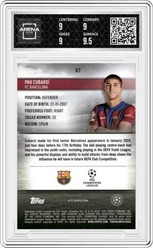 Pau Cubarsi from the 2023-24 Stadium Club Chrome UEFA Champions League set featuring a Aqua Wave Refractor parallel graded by Arena Club and given an overall grade of 9.