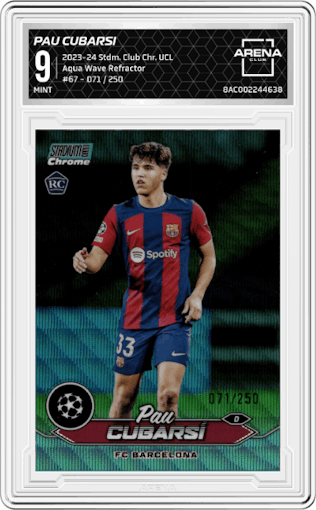 Pau Cubarsi from the 2023-24 Stadium Club Chrome UEFA Champions League set featuring a Aqua Wave Refractor parallel graded by Arena Club and given an overall grade of 9.