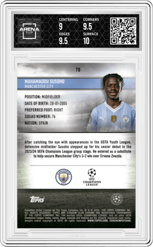 Mahamadou Susoho from the 2023-24 Stadium Club Chrome UEFA Champions League set featuring a Aqua Wave Refractor parallel graded by Arena Club and given an overall grade of 9.5.