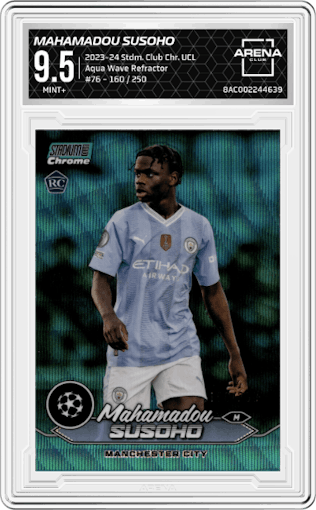 Mahamadou Susoho from the 2023-24 Stadium Club Chrome UEFA Champions League set featuring a Aqua Wave Refractor parallel graded by Arena Club and given an overall grade of 9.5.