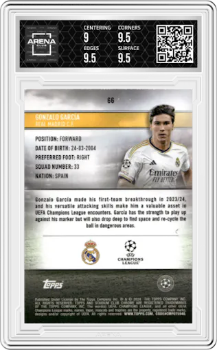 Gonzalo Garcia from the 2023-24 Stadium Club Chrome UEFA Champions League set featuring a Aqua/Green Electric Charge parallel graded by Arena Club and given an overall grade of 9.5.
